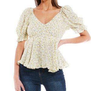 NWT Blu Pepper Yellow Floral Puff Sleeve Back Tie Top Size M